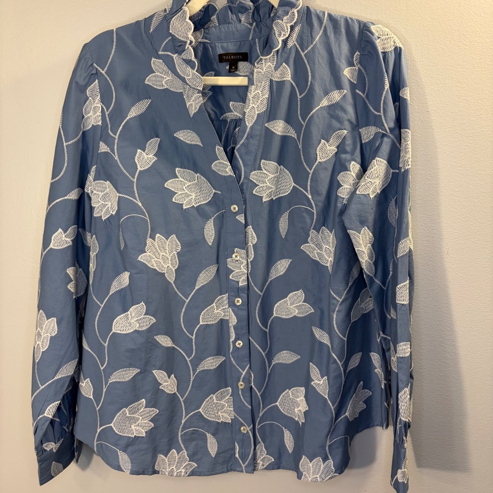 Talbots Blouse Floral Embroidered Ruffle Neck Cottagecore Boho Coastal Women M - Picture 2 of 12